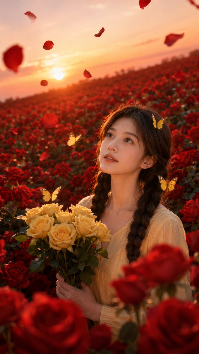 A woman in a pale yellow blouse holds roses in a sunset field