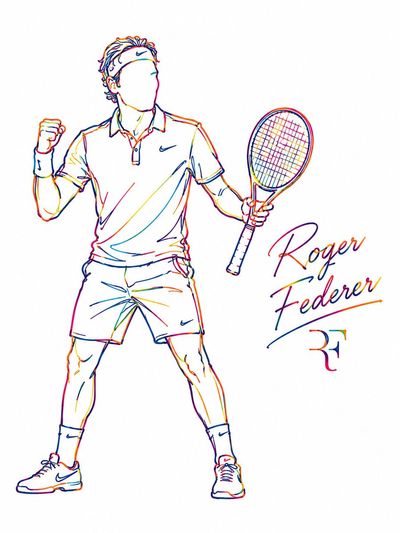 Neon rainbow line art captures five iconic celebrities in motion