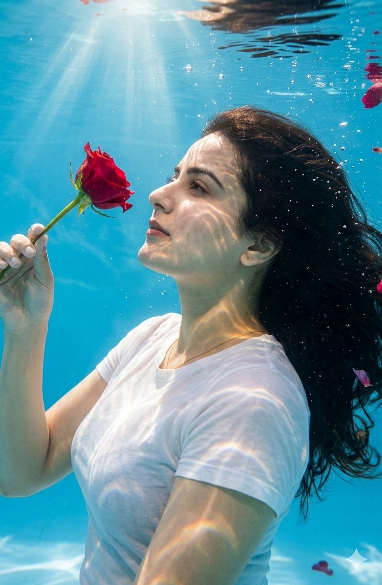Woman floats underwater with red rose in sunlight beams