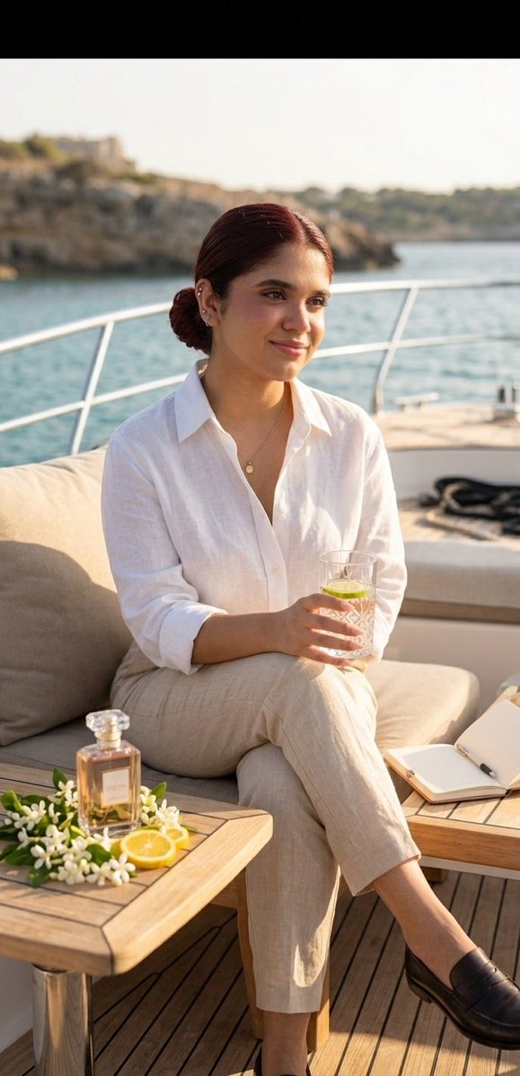 A woman in white linen reads on a yacht deck at sea