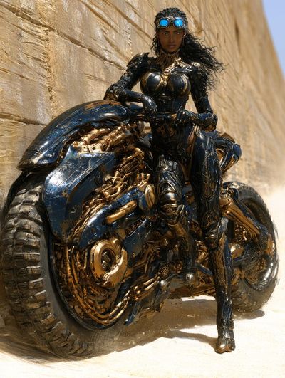 Female Rider Stands by Biomechanical Motorcycle Against Sunlit Stone Wall