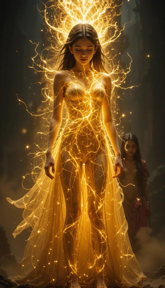 Earth Goddess emerges from glowing roots in dark cavern