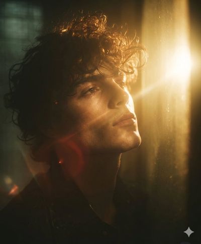 Golden Flare Portrait of Curly-Haired Young Man in Moody Light
