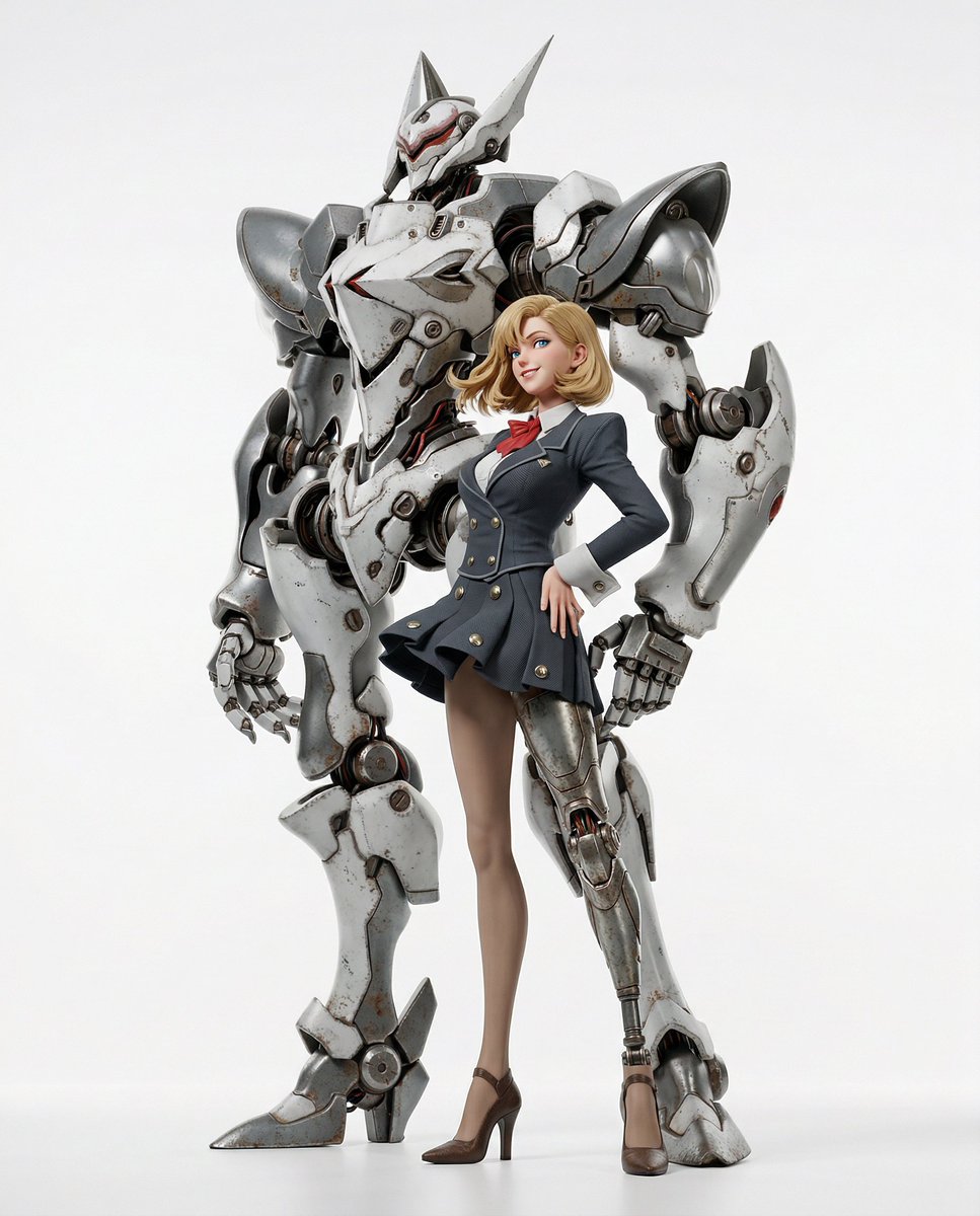 Elegant Fusion: Feminine Mecha and Confident Pilot Duo