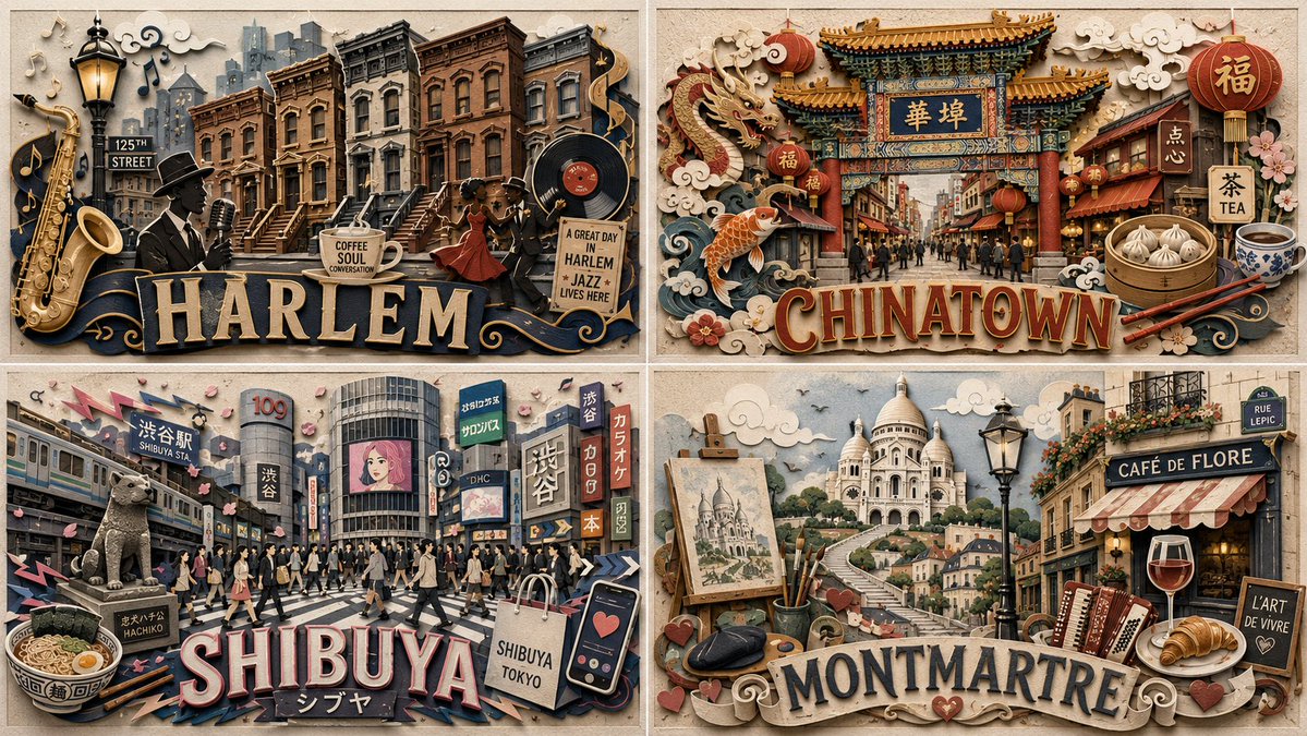 A 2x2 grid of four neighborhoods in layered paper relief style