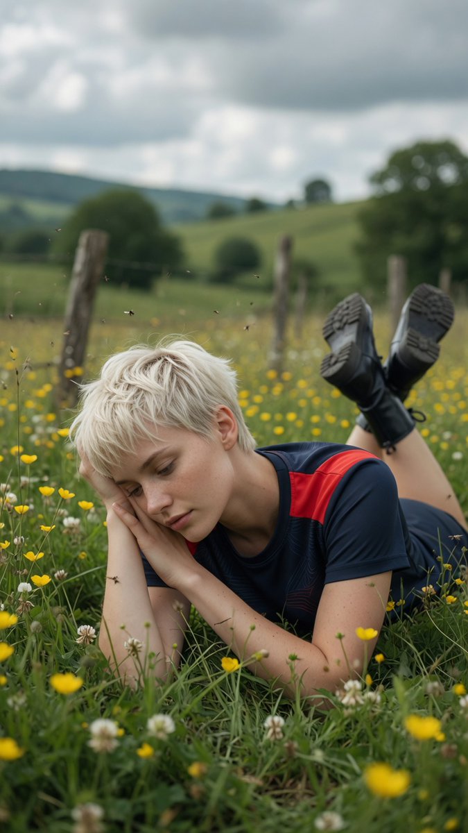 A young woman with platinum hair rests peacefully in a wildflower meadow.