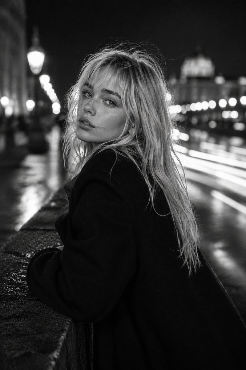Platinum-haired woman glances back in monochrome city night