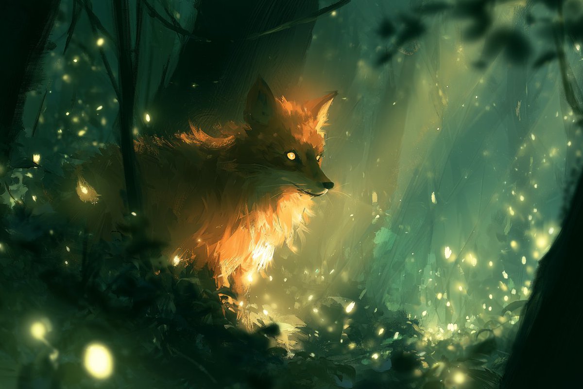 A lone wanderer discovers glowing fireflies in a mystical forest