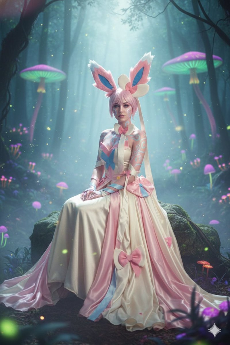 Sylveon-Inspired Fantasy Cosplay in a Bioluminescent Forest