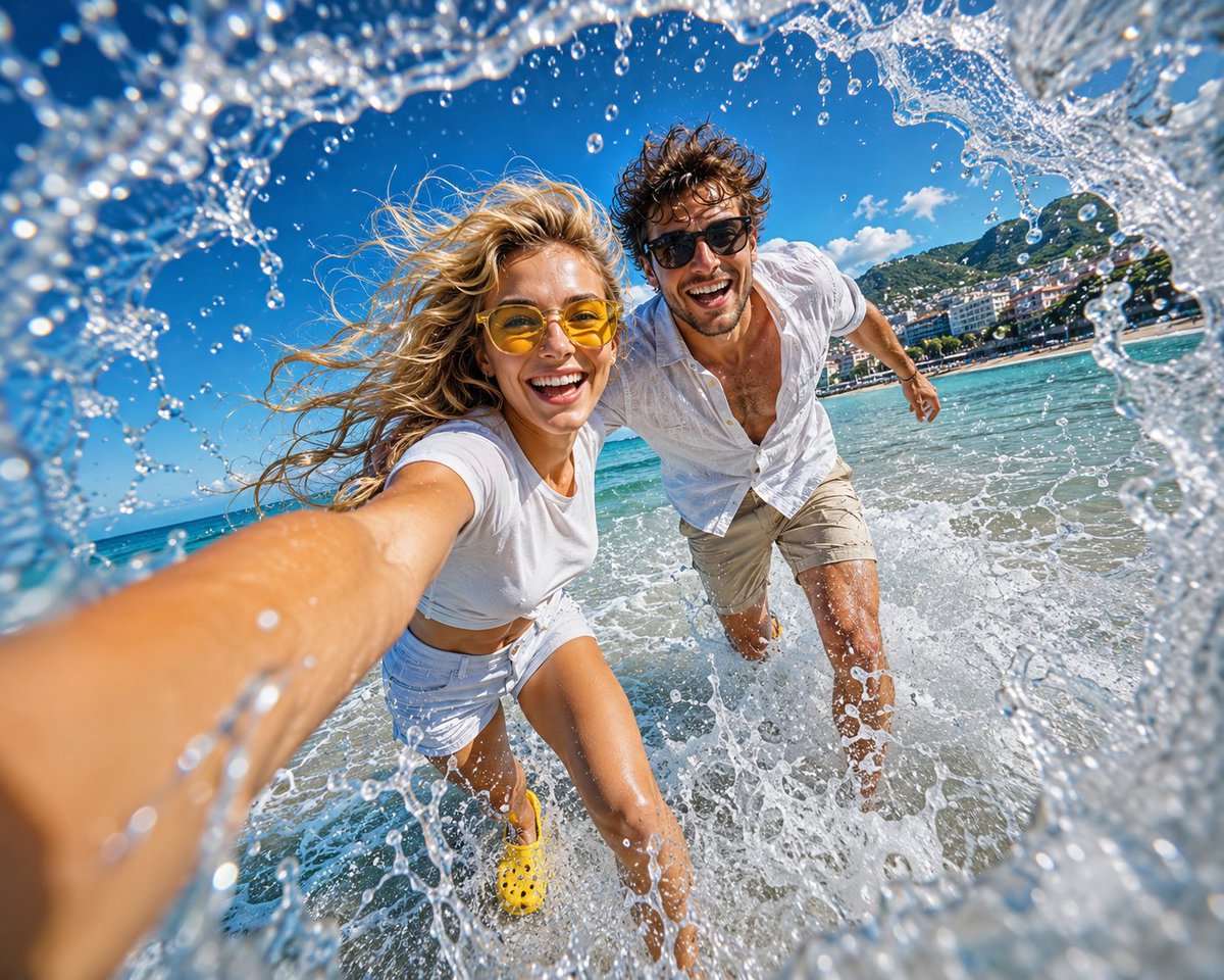 A happy couple runs through sparkling waves in a joyful selfie