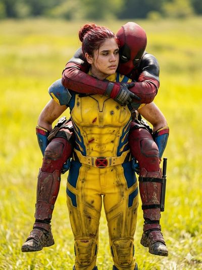 Exhausted superhero carries masked mercenary through sunlit field