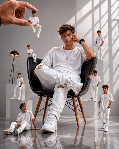 A confident man sits surrounded by many tiny versions of himself
