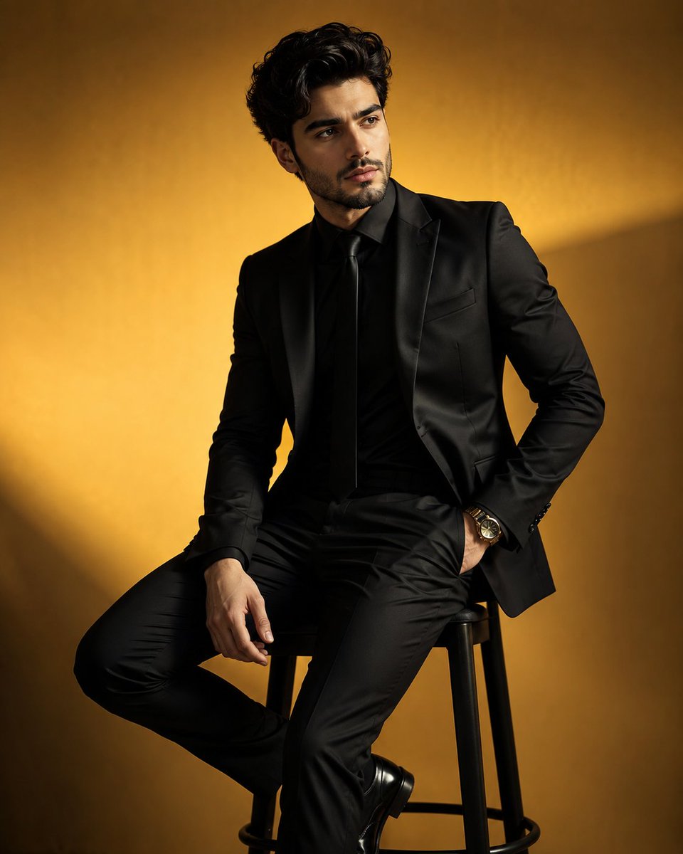 Elegant man in black suit poses against golden studio backdrop