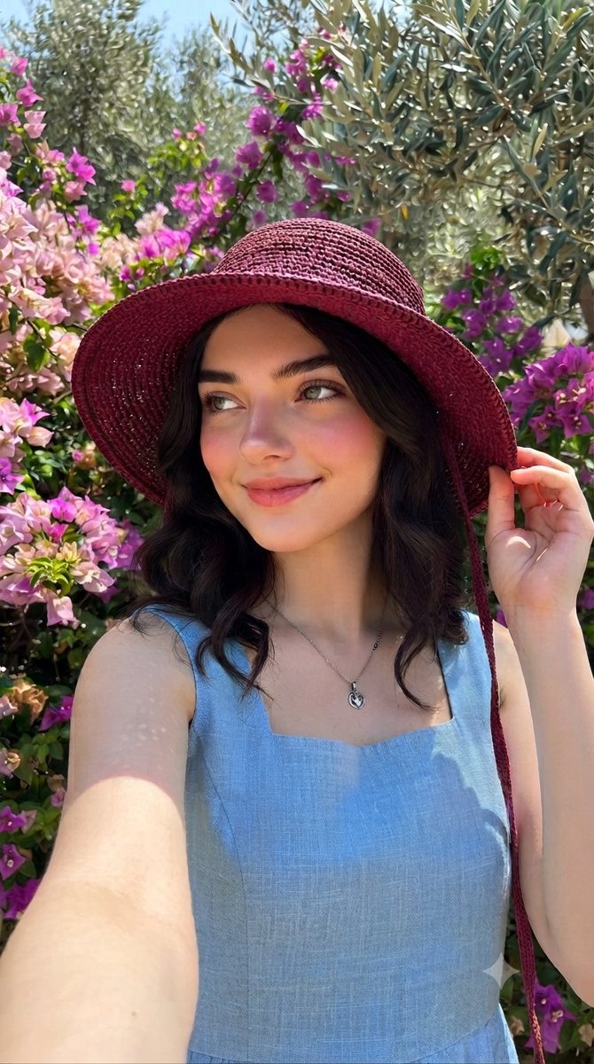 A young woman in a maroon hat smiles among purple flowers