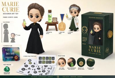 Marie Curie toy figure with glowing accessories and premium packaging