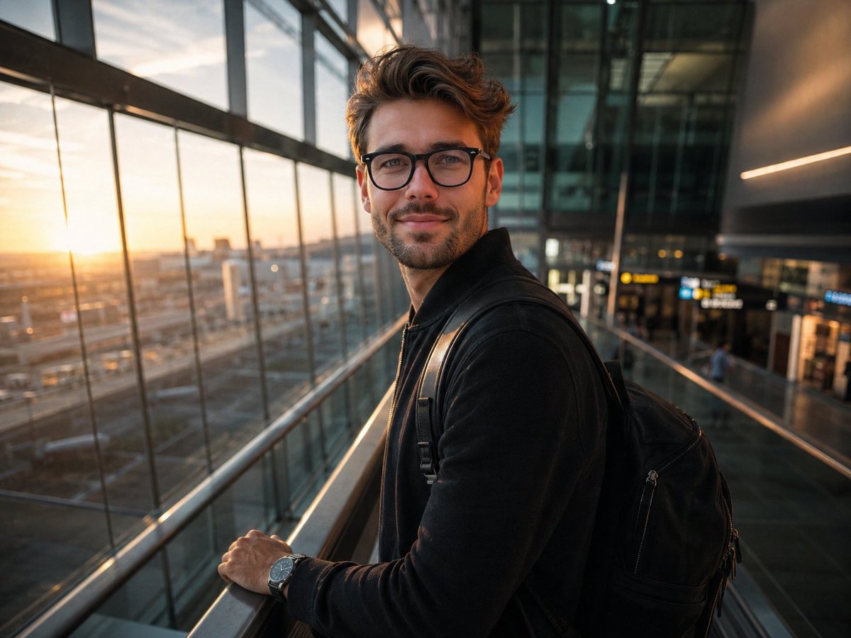 A traveler stands still on an escalator at sunrise