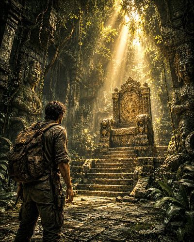 A bearded explorer discovers an ancient throne in jungle temple