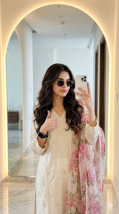 South Asian woman takes mirror selfie in elegant traditional attire
