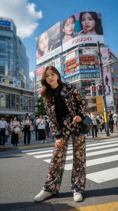 A young woman in sequined streetwear stands at Shibuya crossing