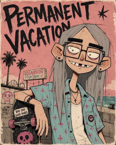 Bold ink illustration presents a quirky character with uneven grin