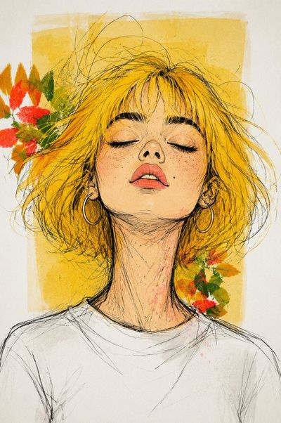 Young woman with messy yellow hair dreams in scribbled pencil strokes