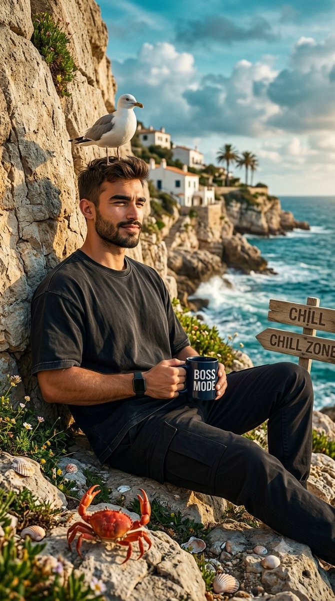 Rugged man leans against cliff holding BOSS MODE coffee mug