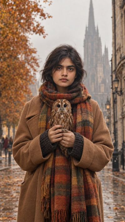 Woman in Camel Coat Holds Tawny Owl on Misty Autumn Street