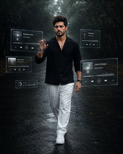 A stylish man walks through a dark forest controlling holographic music panels