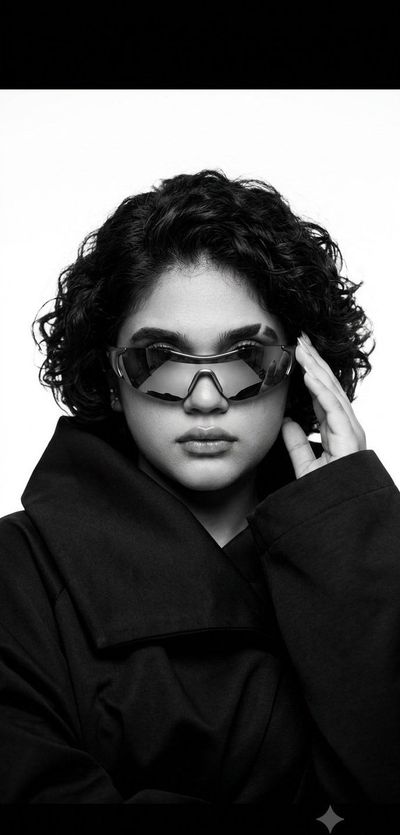 Dr. Samia wears futuristic visor in monochrome editorial portrait