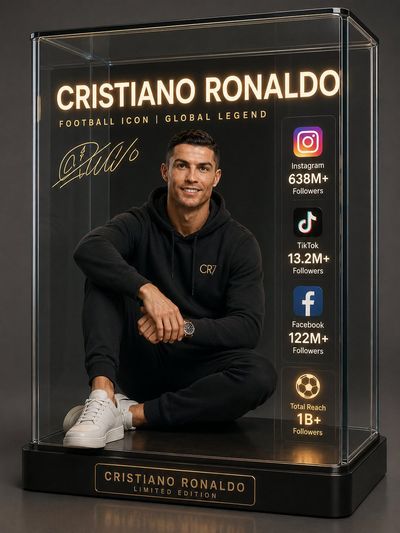 Young influencer sits inside glass display box with glowing social icons