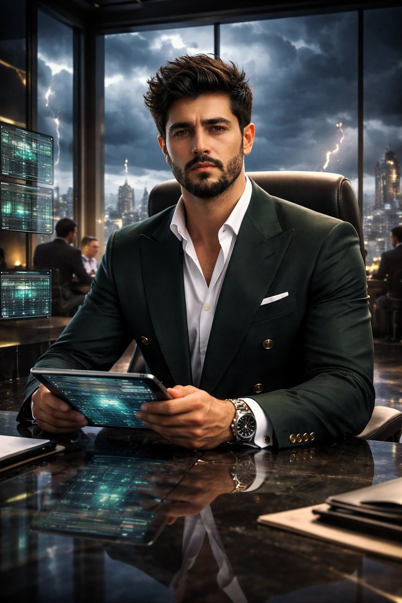 CEO commands a luxury boardroom as storm lightning strikes