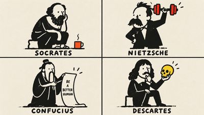 Four Philosophers Drawn as Blobby Icons in a 2x2 Grid