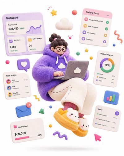 A chubby designer floats mid-air with a laptop and charts