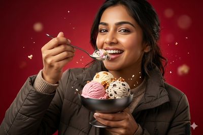 South Asian woman in brown puffer jacket enjoys three scoops of ice cream