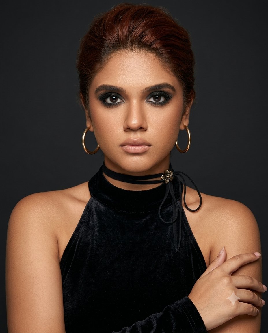 Golden-Tanned Woman Shows New Pulled-Back Hair and Makeup in Studio