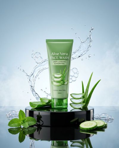Luxury face wash tube stands on polished black stone pedestal