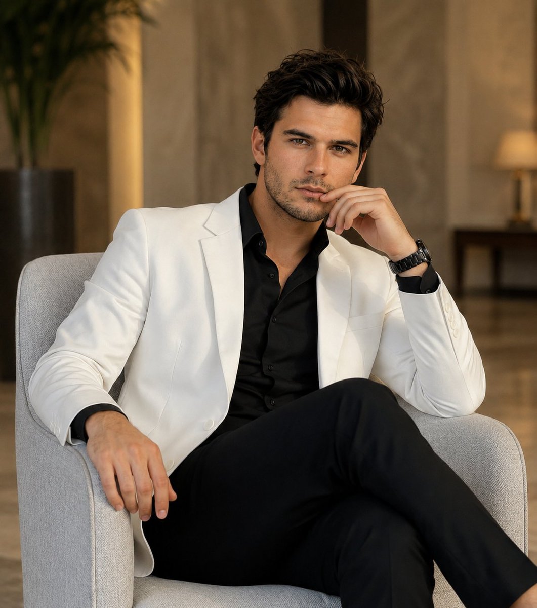 Confident young executive poses in a cream armchair with a white blazer