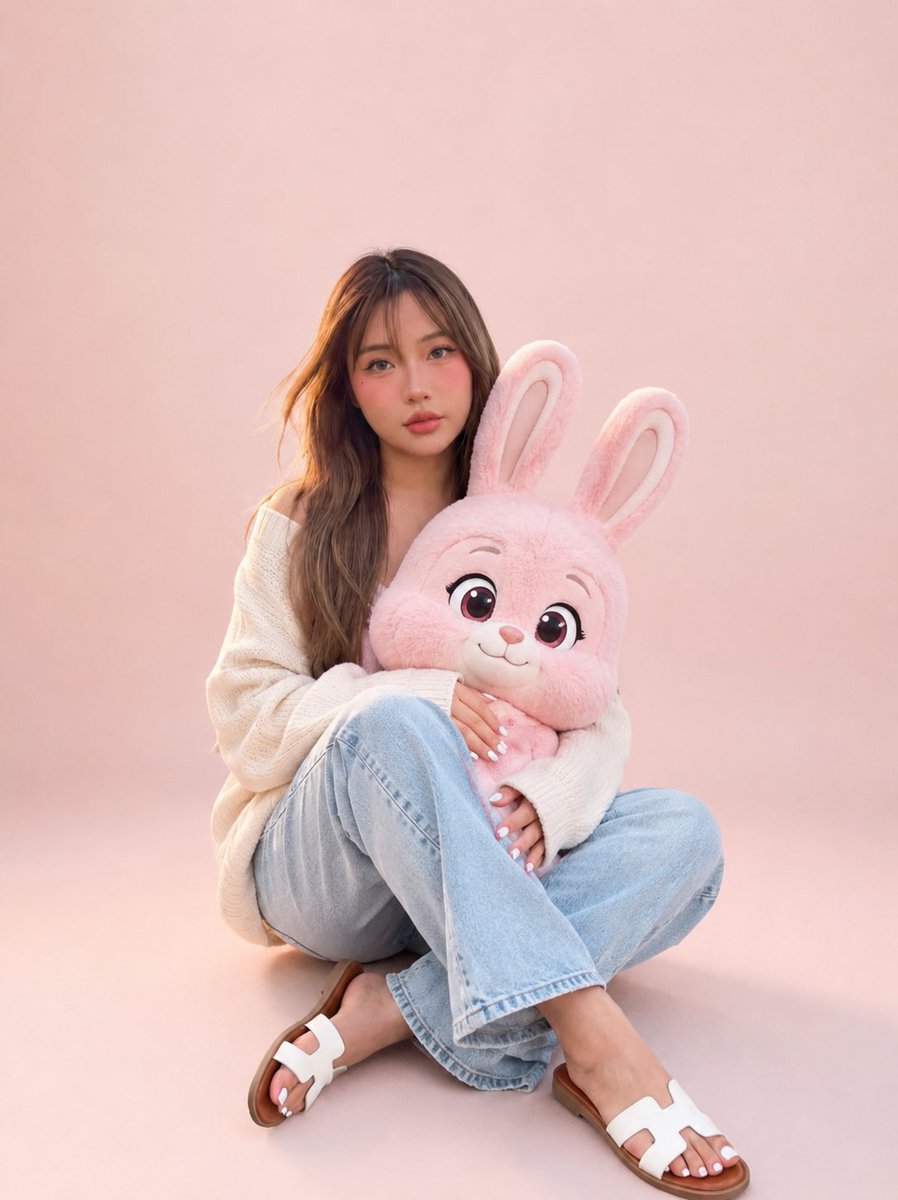 Young person in cream sweater holding a fluffy pink rabbit