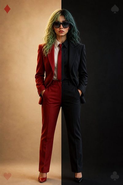 Split Identity Fashion Portrait: Red vs Black