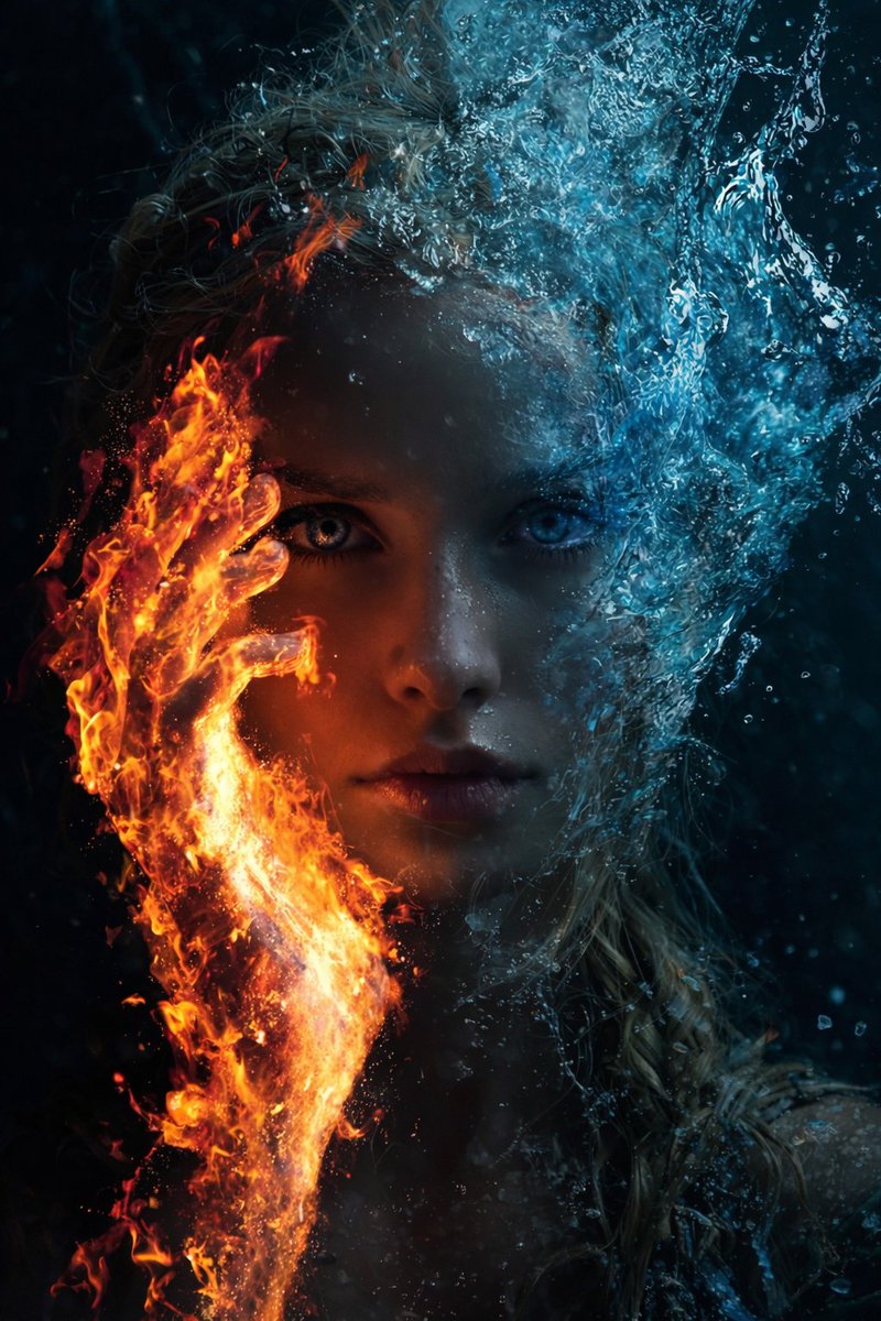 Elemental Duality: Fire and Water Portrait