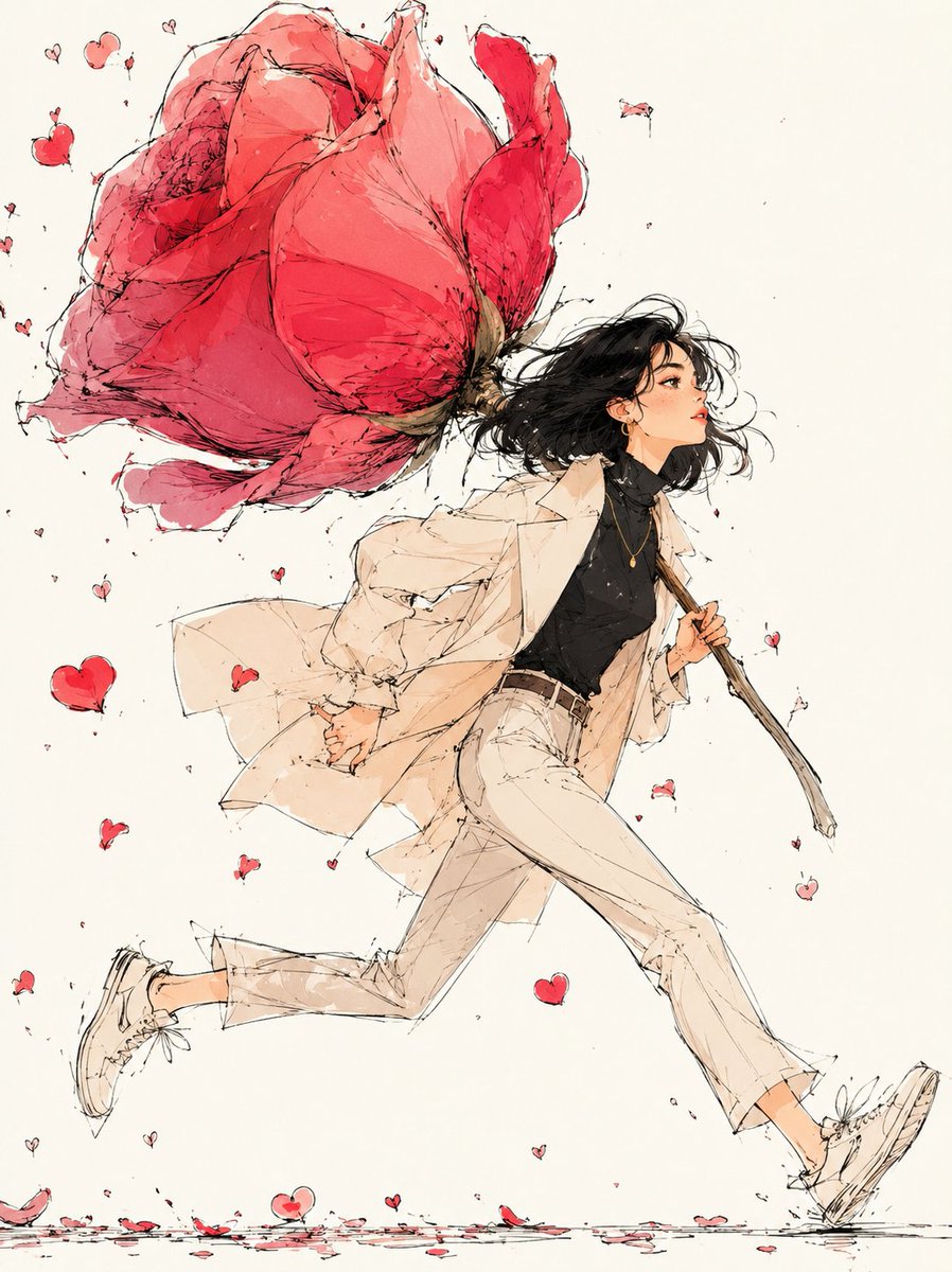 A girl flees through chaos with a giant rose overhead