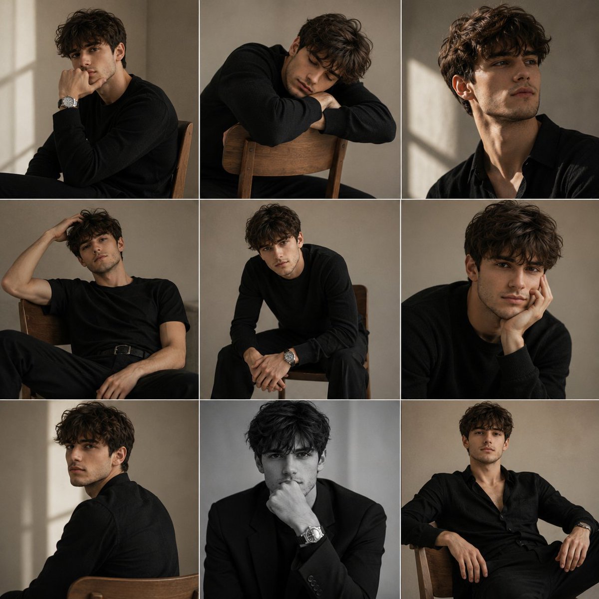 A stylish young man poses in nine minimalist studio portraits
