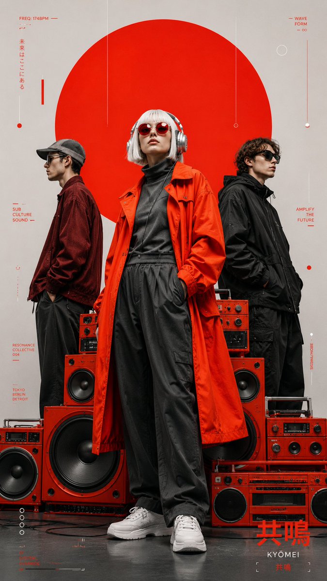 Three models pose before a massive red circle in a fashion editorial