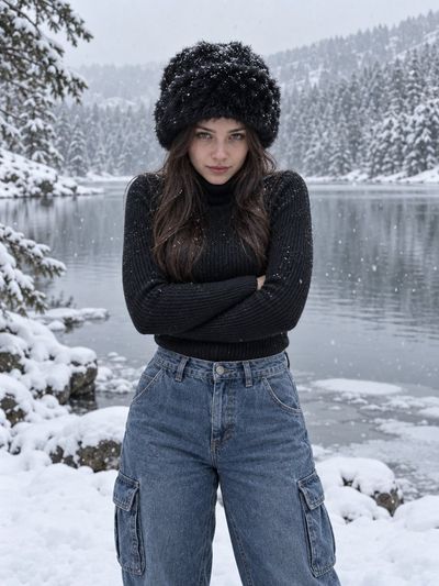 Woman in black turtleneck stands amid snowy forest by lake