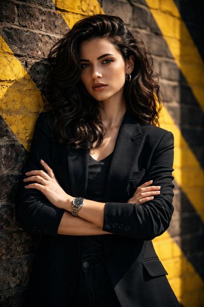 Striking Editorial Portrait of a Confident Woman in Urban Light