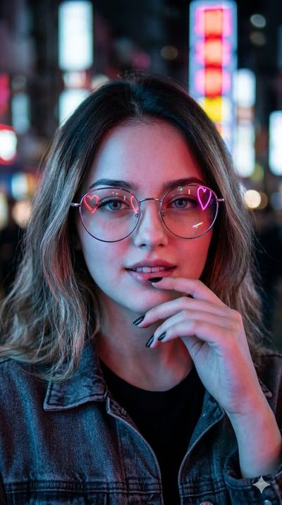 Young woman with glasses smiles in neon portrait with glowing reflections