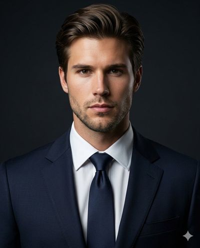 A confident CEO in a tailored dark suit stares directly at you