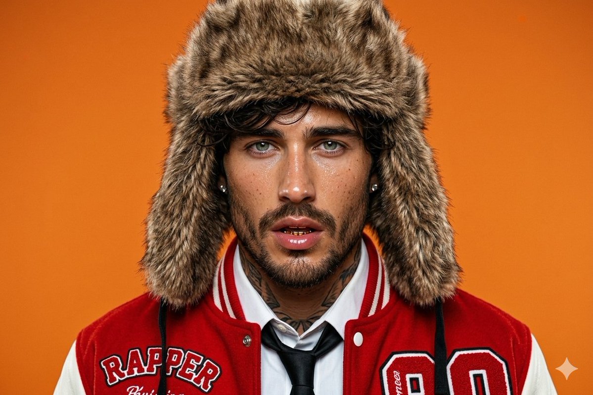 A confident rapper in a fur hat stares directly into the camera