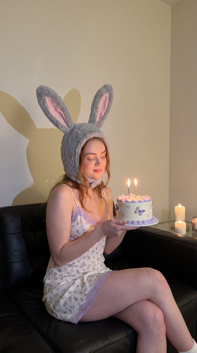 Red-haired woman in bunny ears holds a lit birthday cake on a sofa.