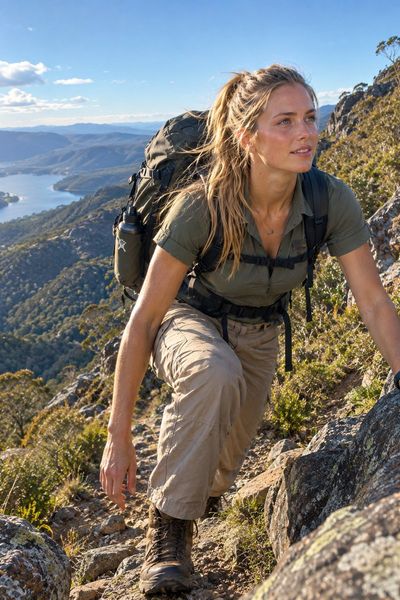 Athletic Australian woman conquers rugged mountain trail at golden hour